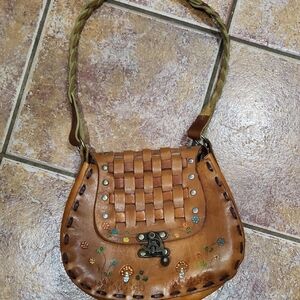 Vintage Leather Hobo Purse With Mushroom Accent